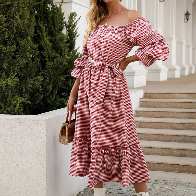 

Slash Neck Plaid Long Dress Women Off the Shoulder Vintage Elegant A Line Sashes Dresses Female Party Vestidos Autumn 2021 New
