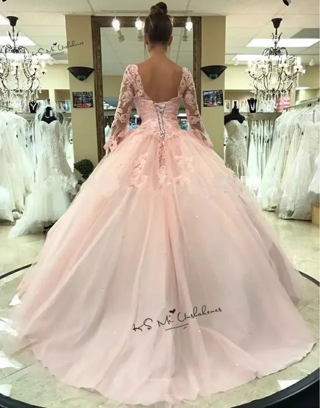 Милые 16 Платья с длинным рукавом кружевные Дешевые Бальные платья Vestido de Debutante Para 15 anos розовые Бальные платья для 15