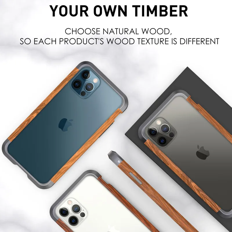 

Luxury Aluminum Metal Wood Bumper Case for iPhone 12 11 Pro Max SE 2020 7 8 XR XS MAX Slim Natural Wood Protect Phone Cover