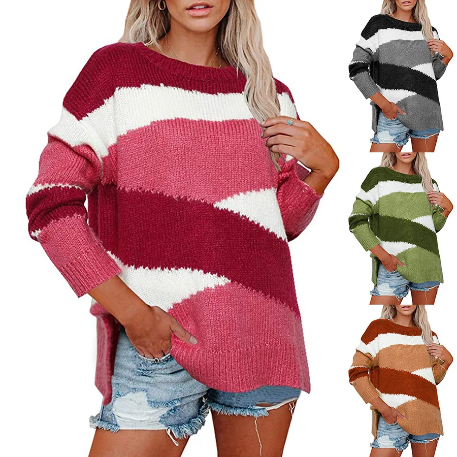 

Color Block Fashion Basic Sweater Top 2020 New Autumn Winter Long Sleeve Side Split Casual Loose Knitting Sweater Tops Jumper