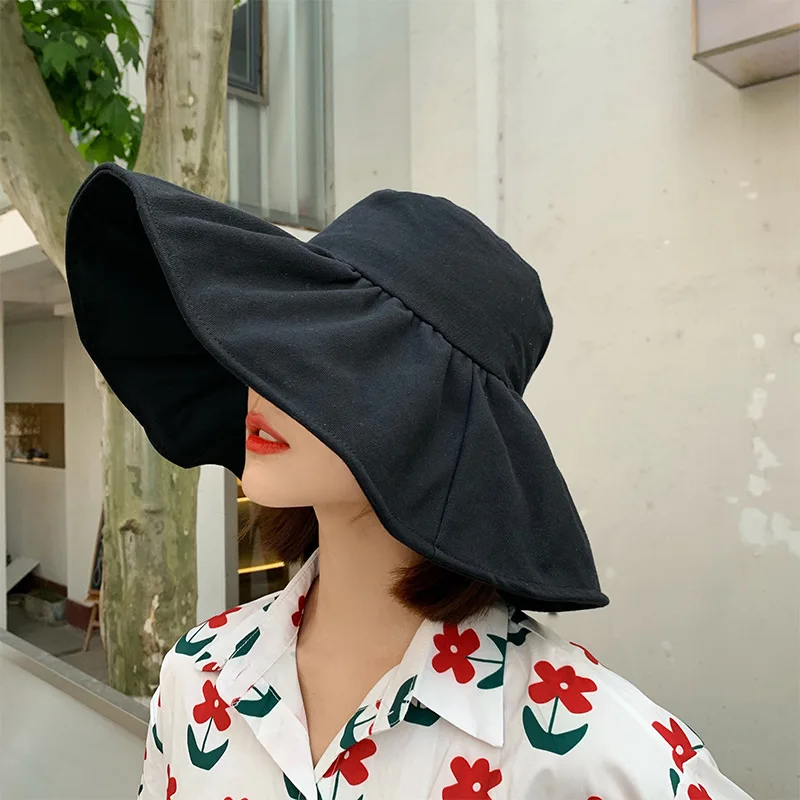 

Women's Cotton Bucket Hat Elegant Big Wide Brim Foldable Beach Protection Sunhat Adjustable Panama Hat