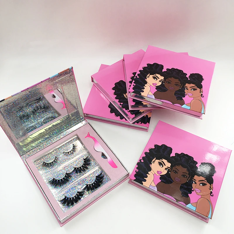 

New Eyelash Book Packaging with Eyelash Tweezers 3 Pairs Different 3D 5D 25mm Mink Eyelashes Lashes Box