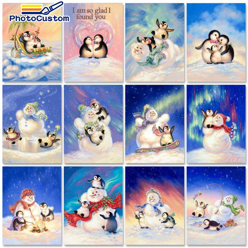 

PhotoCustom 60x75cm Paint By Numbers Snowman DIY Oil Painting By Numbers On Canvas Frame Penguin Number Painting Home Decor