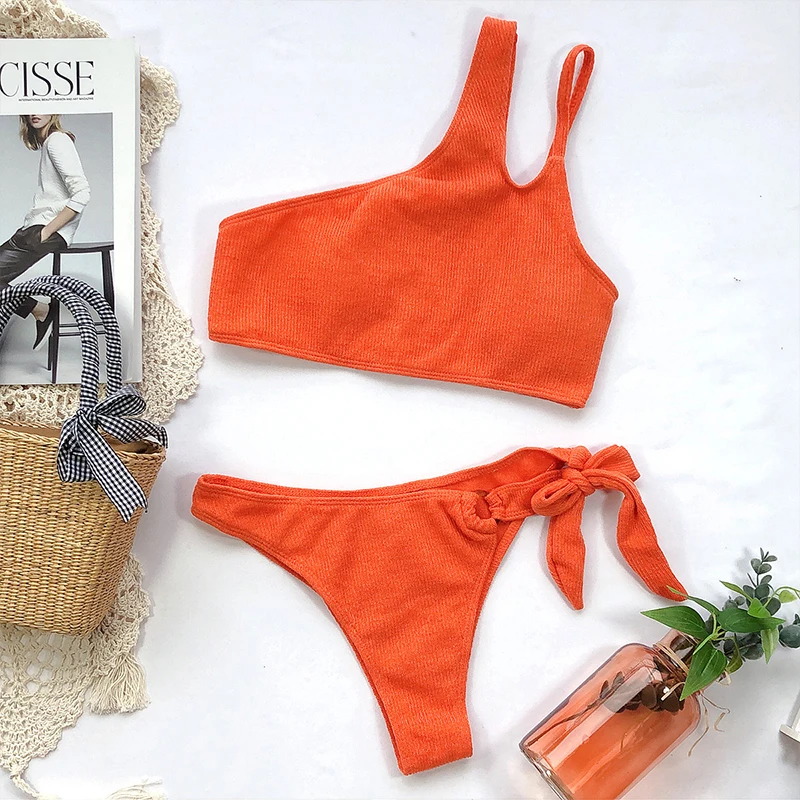 In-X сексуальное оранжевое бикини комплект 2020 женский купальник на одно плечо с