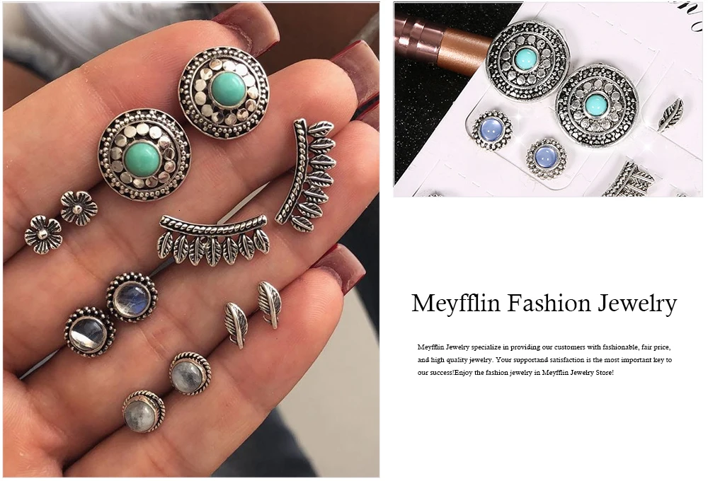 Meyfflin, 6 пар, женский набор сережек Brincos, ювелирное изделие, богемный стиль, зеленый камень, серьги-гвоздики для женщин, цветок, pendientes mujer moda