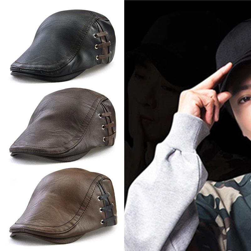 

Men PU Leather Beret Cap Newsboy Hat Casual Warm for Autumn Winter Outdoor TC21