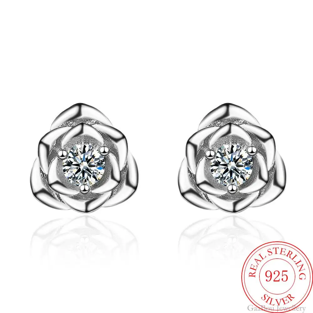 

Luxury 925 Sterling Silver Women Jewelry New Fashion Flower Earrings Rose Zircon Stud Earing Vintage Charm Girls Gifts