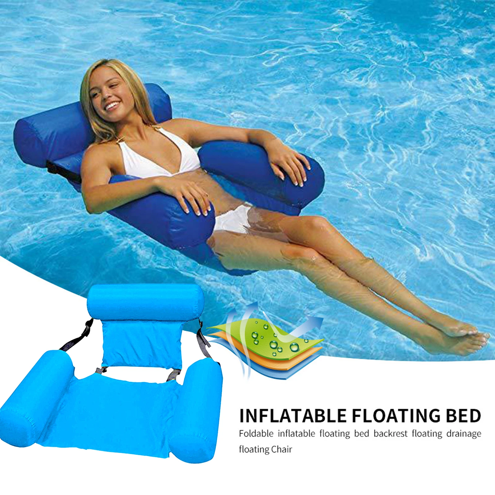 

Foldable Floating Bed Swimming Pool Inflatable Water Longue with Backrest Ergonomic Anti-Leakage Sleeping Cushion