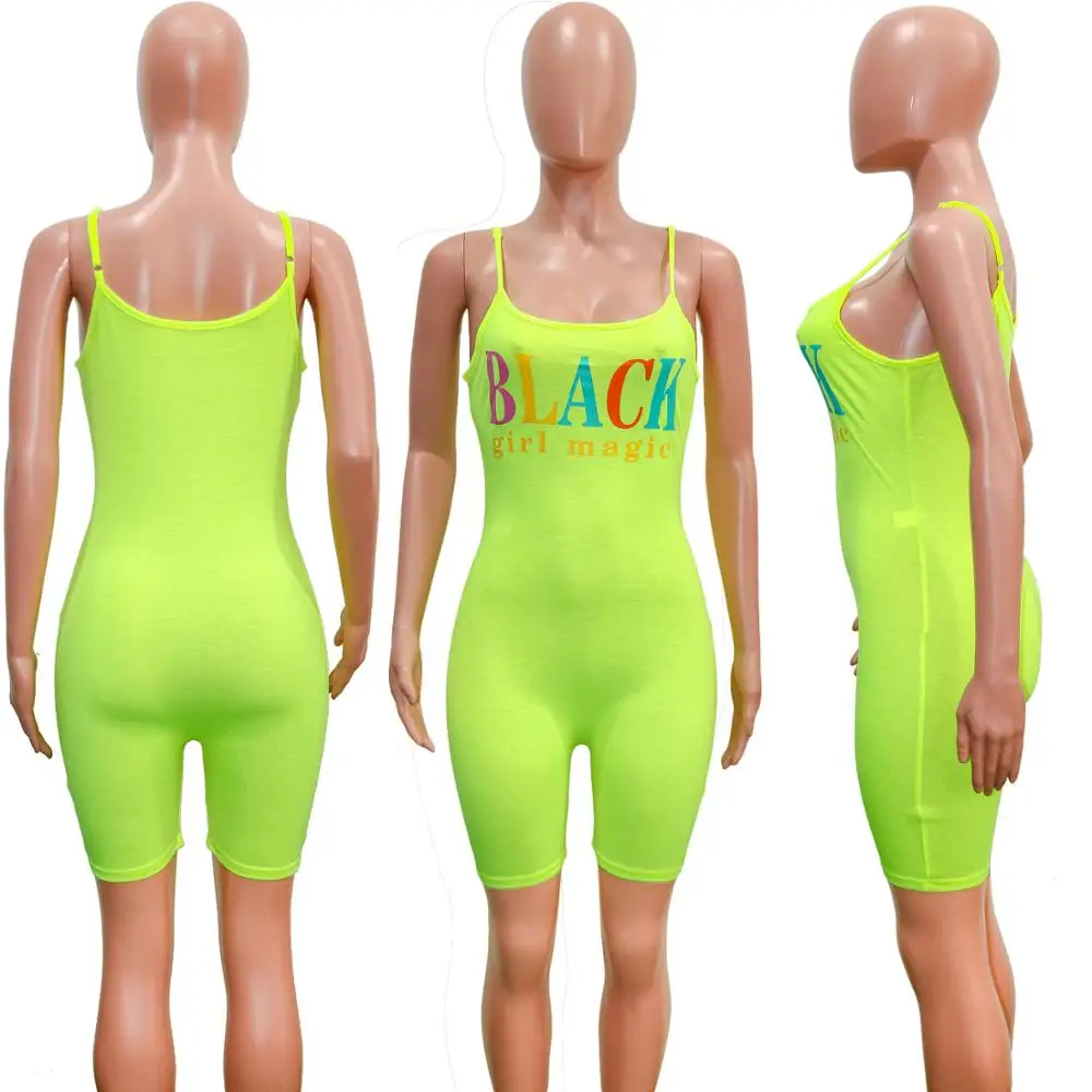 

2020 European summer new letter printed Jumpsuit fashion slim U-neck sleeveless women's suspender shorts