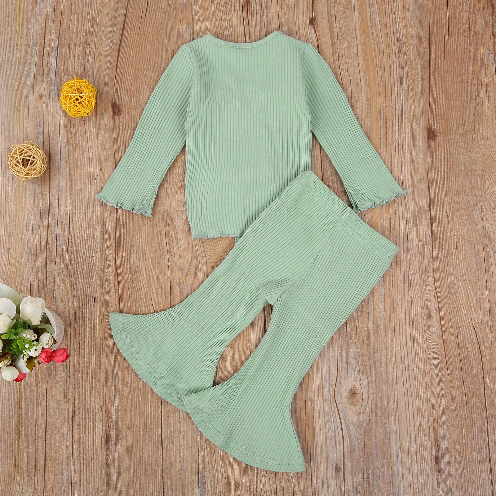 

2 Pcs Baby's Solid Color Casual Suit, Round Neck Long Sleeve Ribbing Short Pullover with Drawstring, Loose Bell-bottomed Pants