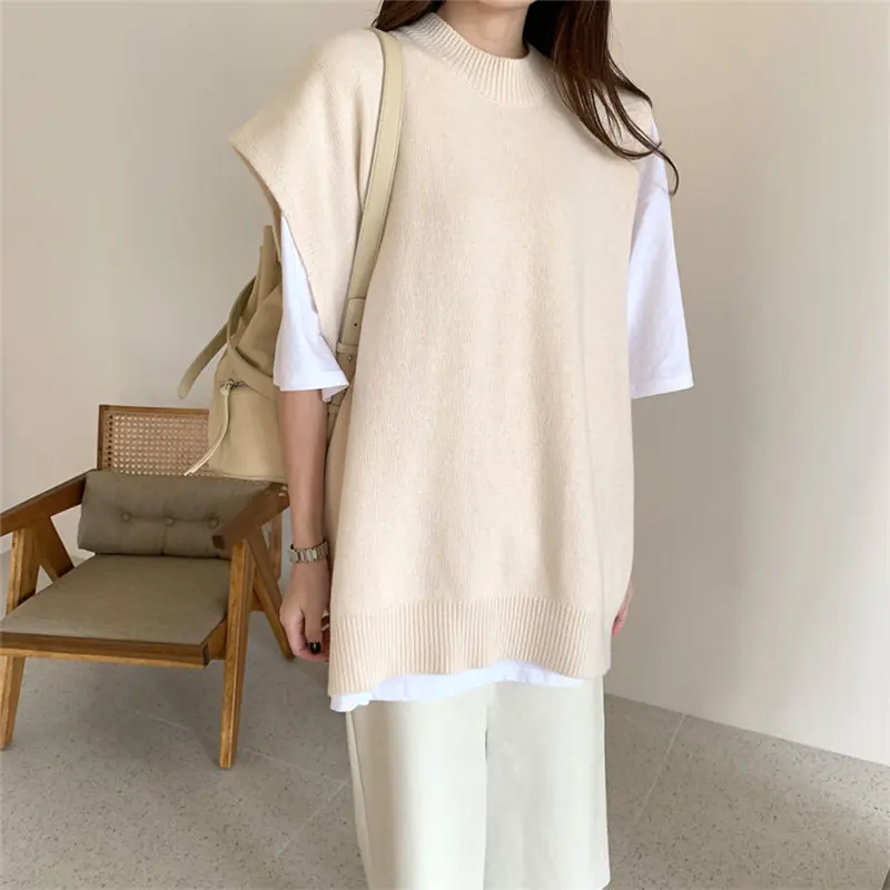 

Harajuku Solid Knitted Retro Loose Female Jumper Women Sweaters Pullovers Korean Vest New Sleeveless Femme Tops Clothe