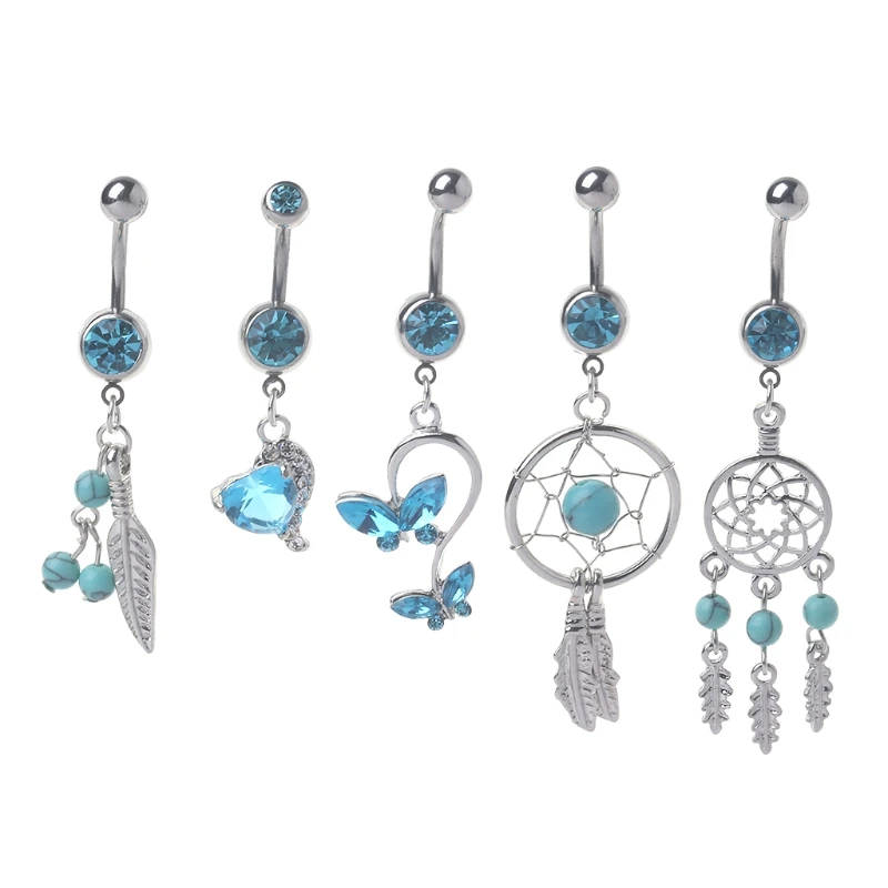 

5PCs Blue Gem Dream Catcher Dangle Belly Button Ring Navel Piercing Body Jewelry 45BC