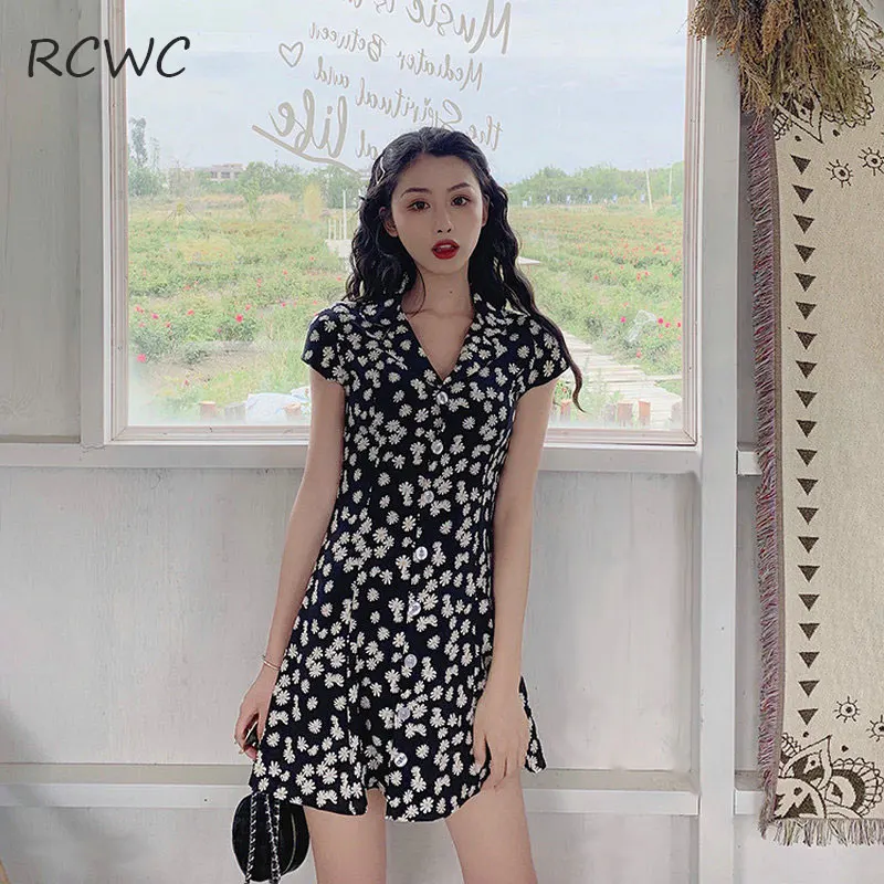 

RCWC 2021 Women's Dress Summer Flowers French Waist Slimming Slim Retro Temperament Girly Style Summer Dress Chiffon плае