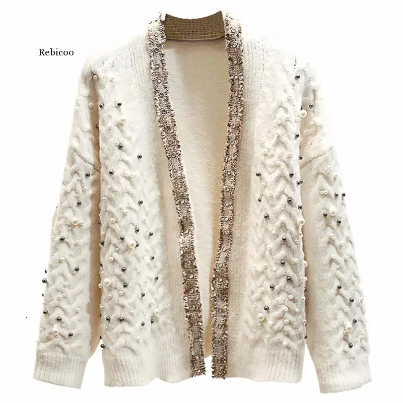 

Handmade pearls beading cardigan women knitted loose lazy sweater elegant v-neck thick sweaters autumn and winter new