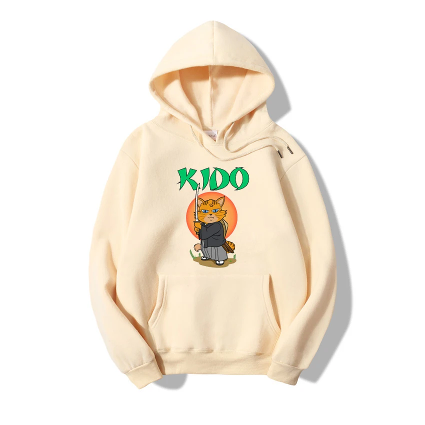

cute kido Samurai cat Plus Velet Sweatshirts unisex Harajuku 10 Colors Oversize Hoodie Japanese Korean Style Hooded Pullover