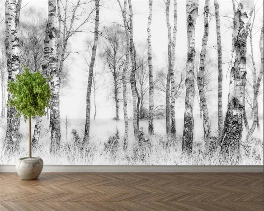 

beibehang Custom wallpaper photo black and white hand drawn white birch wood TV background furniture decoration 3d wallpaper