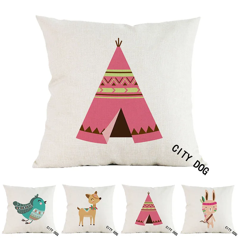 Льняная наволочка для подушки с рисунком лесного племени животного треугольная