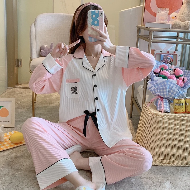 

2021 Autumn Cotton Long Sleeve Pajama Sets for Women Korean Loose Sleepwear Suit Pyjama Homewear Loungewear Pijama Mujer Clothes