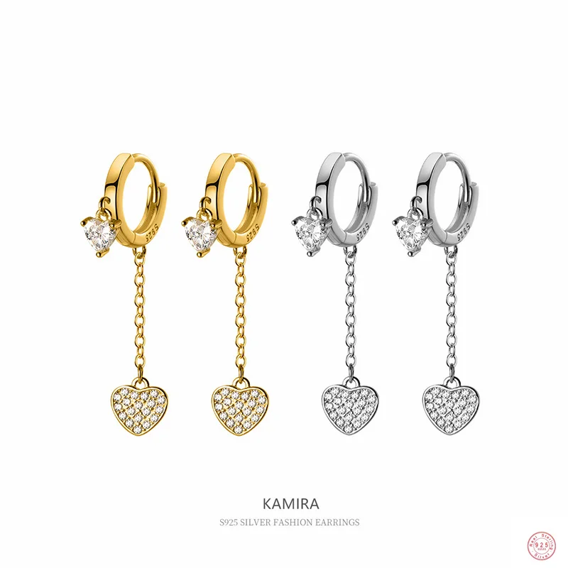 

KAMIRA 925 Sterling Silver Fashion Love Heart Zircon Chain Pendant Drop Earrings for Women Girl Wedding Charm Sweet Jewelry Gift