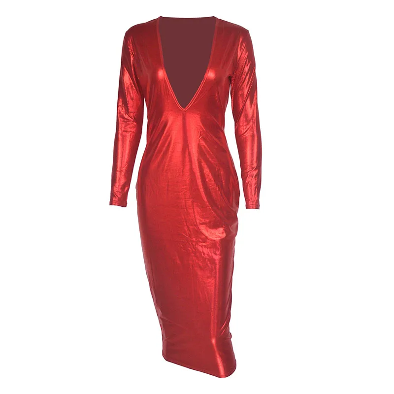 

2021 Sexy Plus Size Dress Women's Solid Color Long Sleeve Dress Polka Dot Glitter Print Deep V-neck Sexy Tight Dress