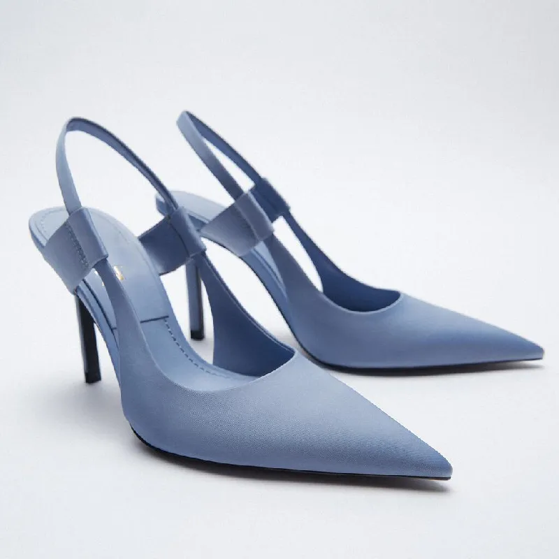 

2022 New Women's Blue Slingbacks Pointed Toe High and Thin Heel Elegant Fairy Style Single Shoes