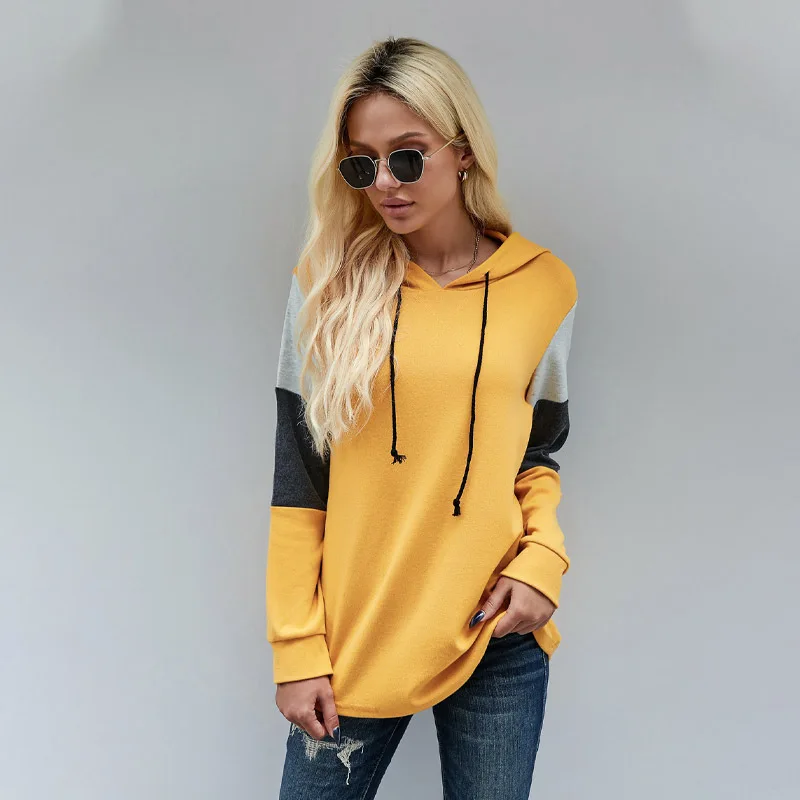 

New European and American Print Contrast Color Hooded Long Sleeved Women's Pullover Loose Type Sweater