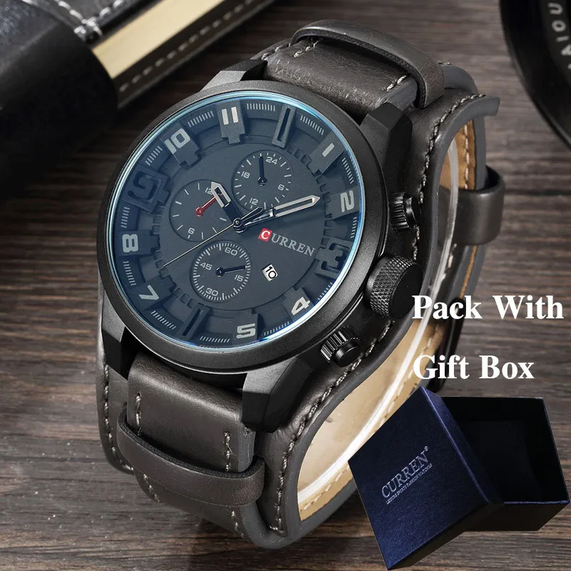blackblackgraybox CURREN Топ бренд класса люкс мужские s часы мужские часы Дата Спорт военный кожаный ремешок для часов кварцевые мужские деловые часы подарок 8225 - Цвет: blackblackgraybox