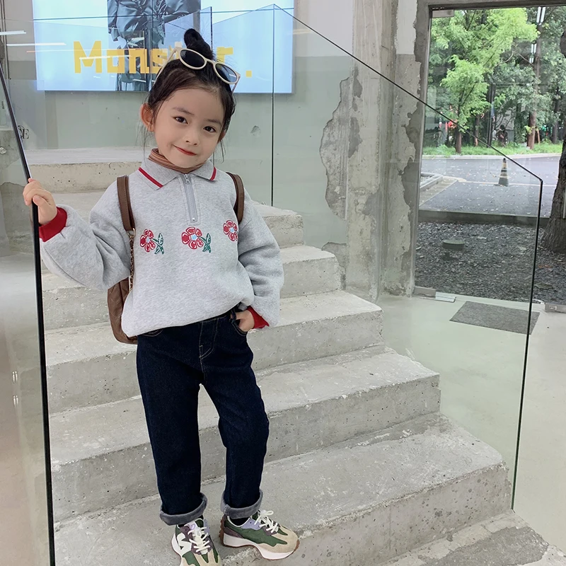

MILA CHOU 2021 Autumn Girls Fleece Turn-down Collar Sweatshirts Kids Clothing Florals Grey Long-sleeve Polo Hoodies Top Children
