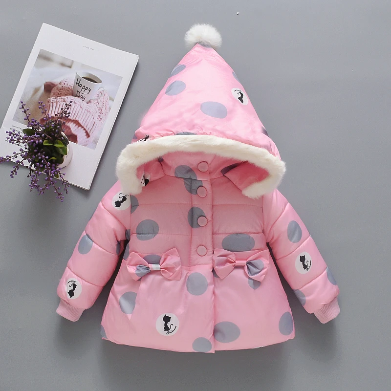 

2020 new winter children's clothing girls Korean cotton coat children's small dot print skirt bow thick cotton coat