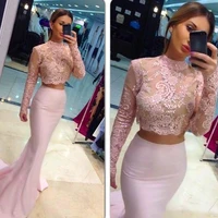 2020 pale pink two pieces prom dresses long sleeves lace evening gowns mermaid shape formal dress see through jewel neckline