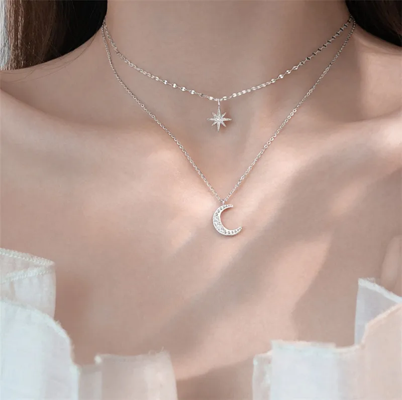 

Girls Birthday Jewelry Luxury Double Layered Niche Chokers Women Exquisite Moon Star Pendant Bright Zircon Setting Chic Necklace