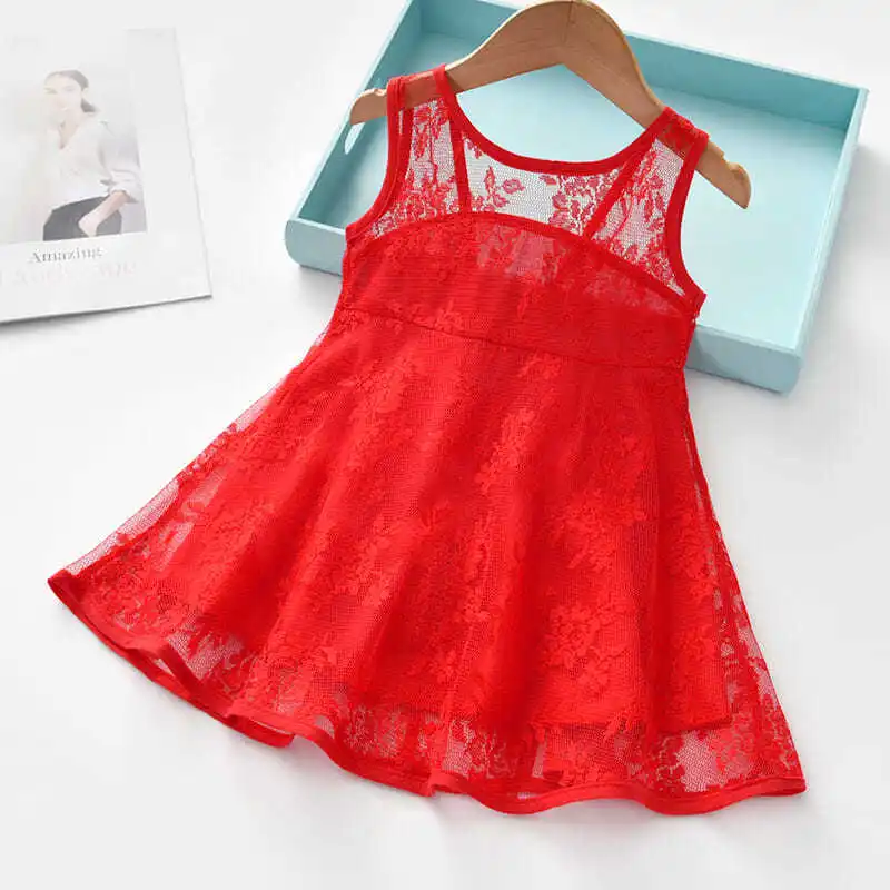 

JY02 Summer Girl Sleeveless Princess Red Lace Dress 90-130