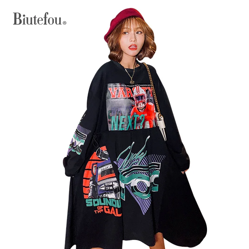 2020 осенние платья с длинным рукавом модные женские мультяшным принтом и