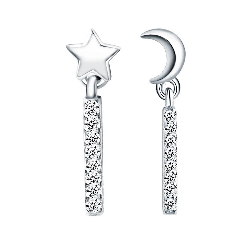

LISM 925 Sterling Silver Korean Fashion Shine Crystal Star Moon Long Stud Earrings For Women Romantic Sweet Earrings