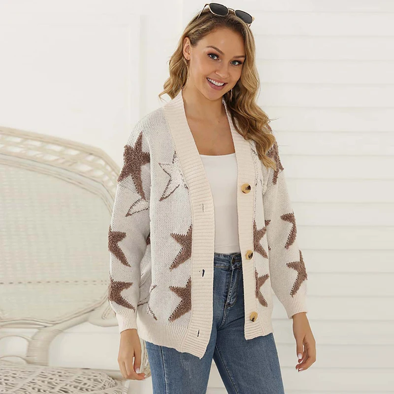 

2019 Star Patterm Women Sweater Cardigans Ladies V Neck Loose Knitted Coat Colleage Style Casual Kawaii Cardigans Sueter Mujer