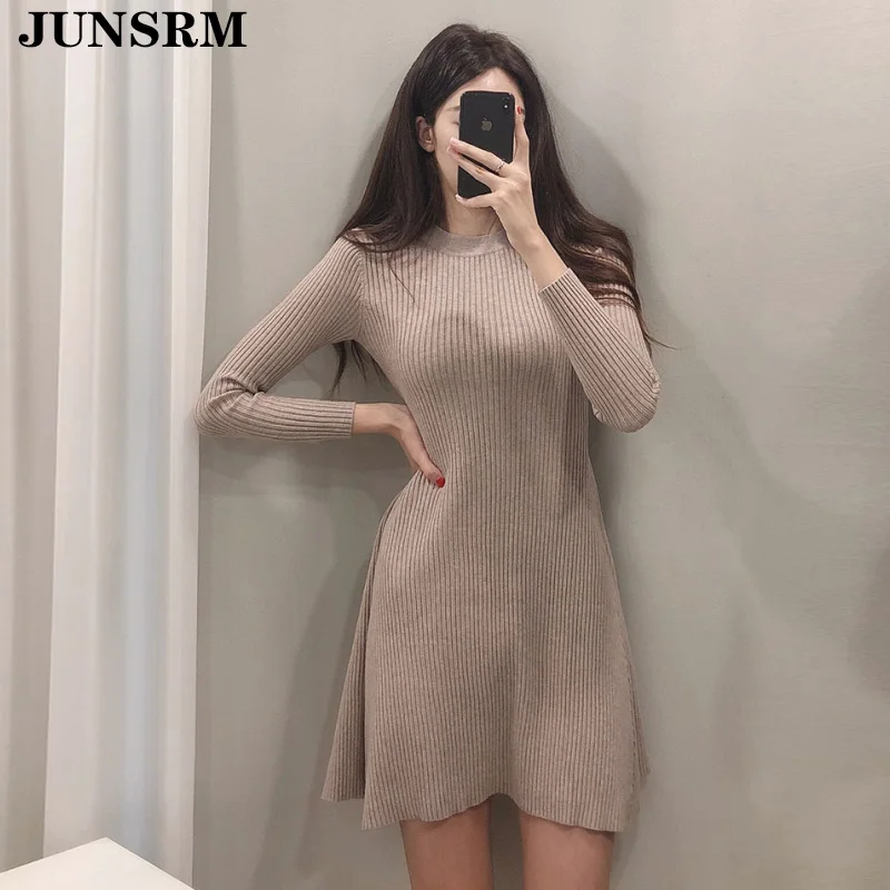 

Korea Round Neck Knitted Turtleneck Dress 2020 New Autumn Wrap Pullover Sweater Mini Dresses Female Vintage Black Short Vestidos