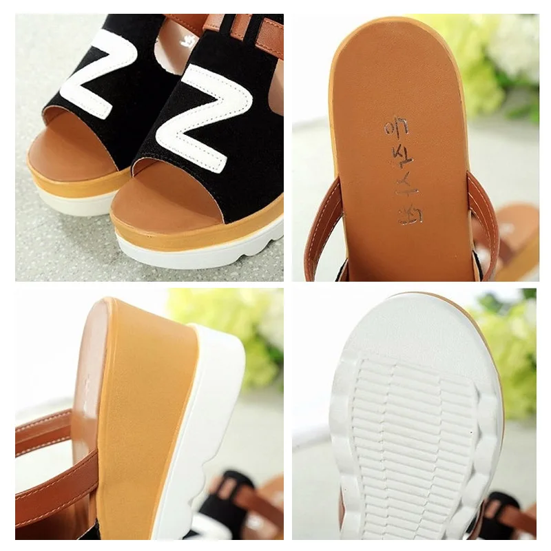 

Black Faux Suede Sewing Hollowed Wedges Thick Bottom Slippers Fashion Open Toe Geared Non-Slip Female Letter Patchwork Sandals