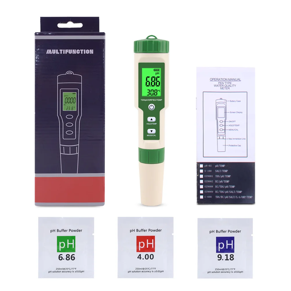 

5 in 1 Digital PH Meter TDS/ORP/EC/Temp Tester Water Quality Monitor Waterproof EC Tester Water Filter Purity Pen with Backlight