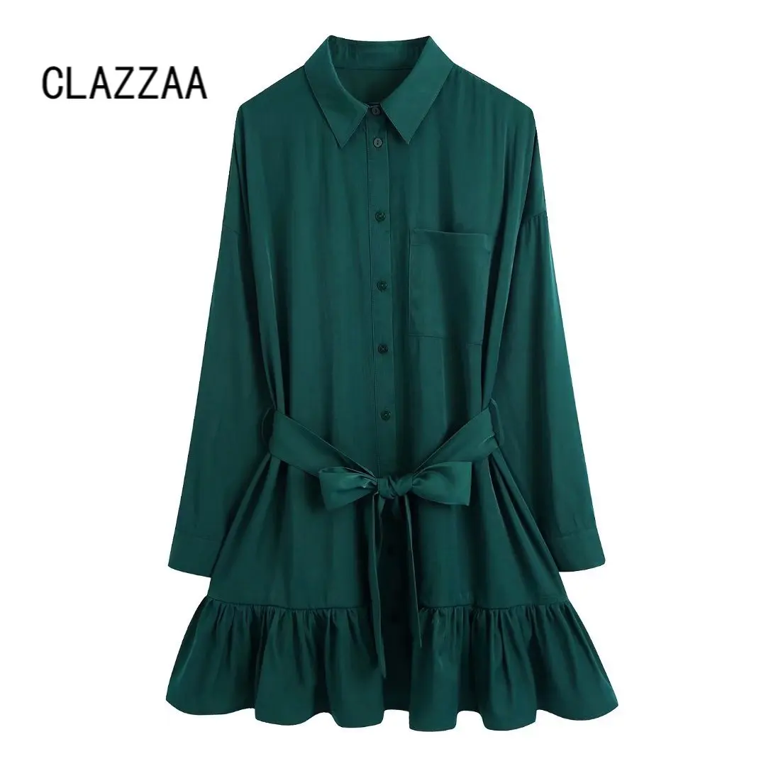 

Clazzaa Women Za Short Shirt Style Dress with Belt Long Sleeves Collared Ruffled Hem Chic Lady Elegant Dresses Female