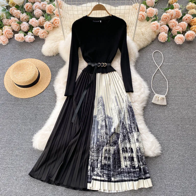 

A758 Women New Fashion Black V-neck Dress Fall 2021 New Slim Long Sleeve Stitched Pleated Elegant Clothes Vestidos
