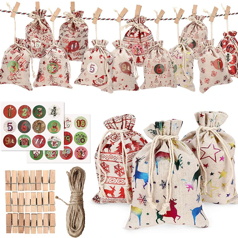 

24PCS Christmas Linen Cotton Bag Advent Calendar Xmas Tree Hanging Gift bags Set Xmas Party Decoration Drawstring Bags Candy Bag