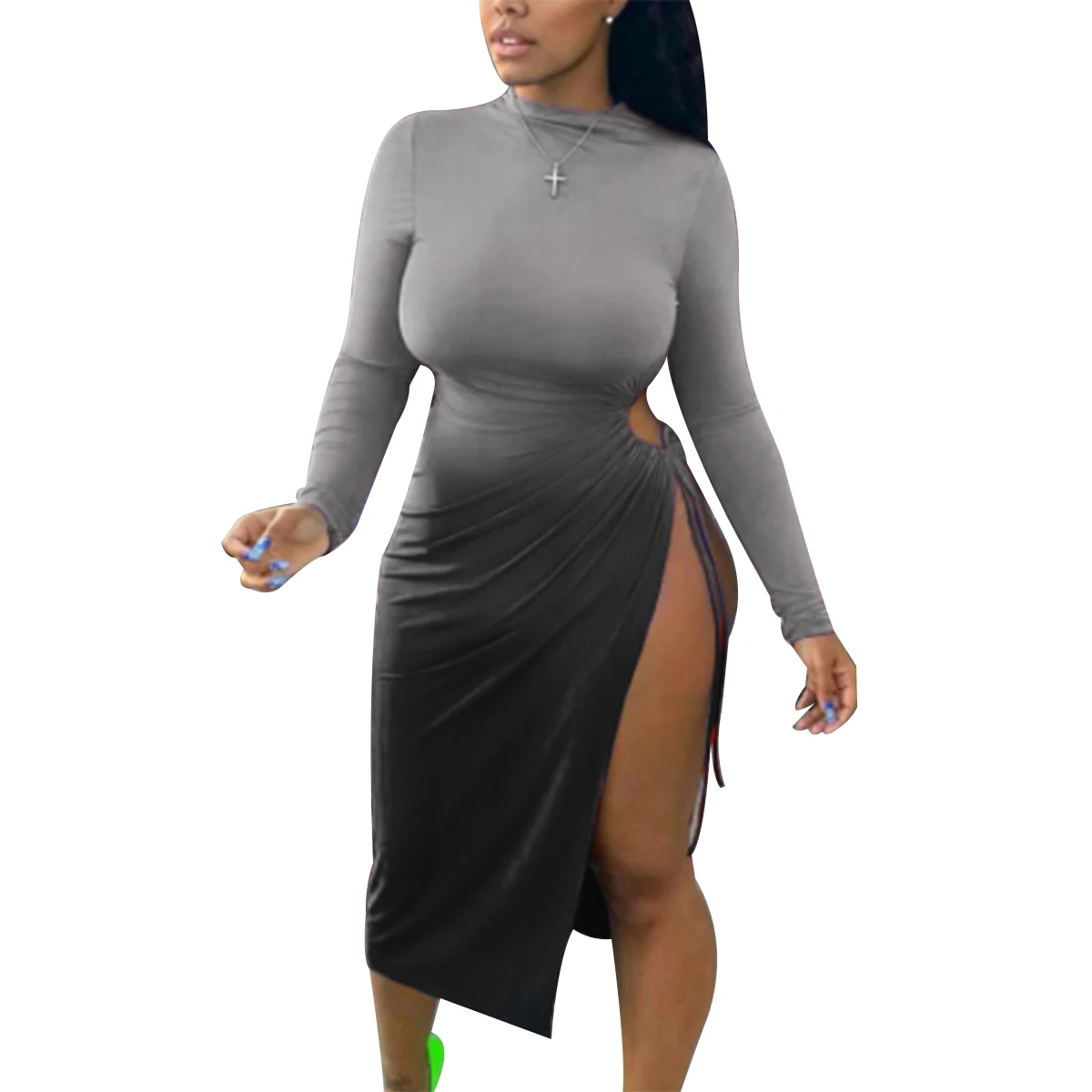 

Spring Autumn Gradient Color Casual Dress Women 2020 Sexy Long Sleeve Slim Elastic Bodycon Bandage Split Hollow Party Dresses