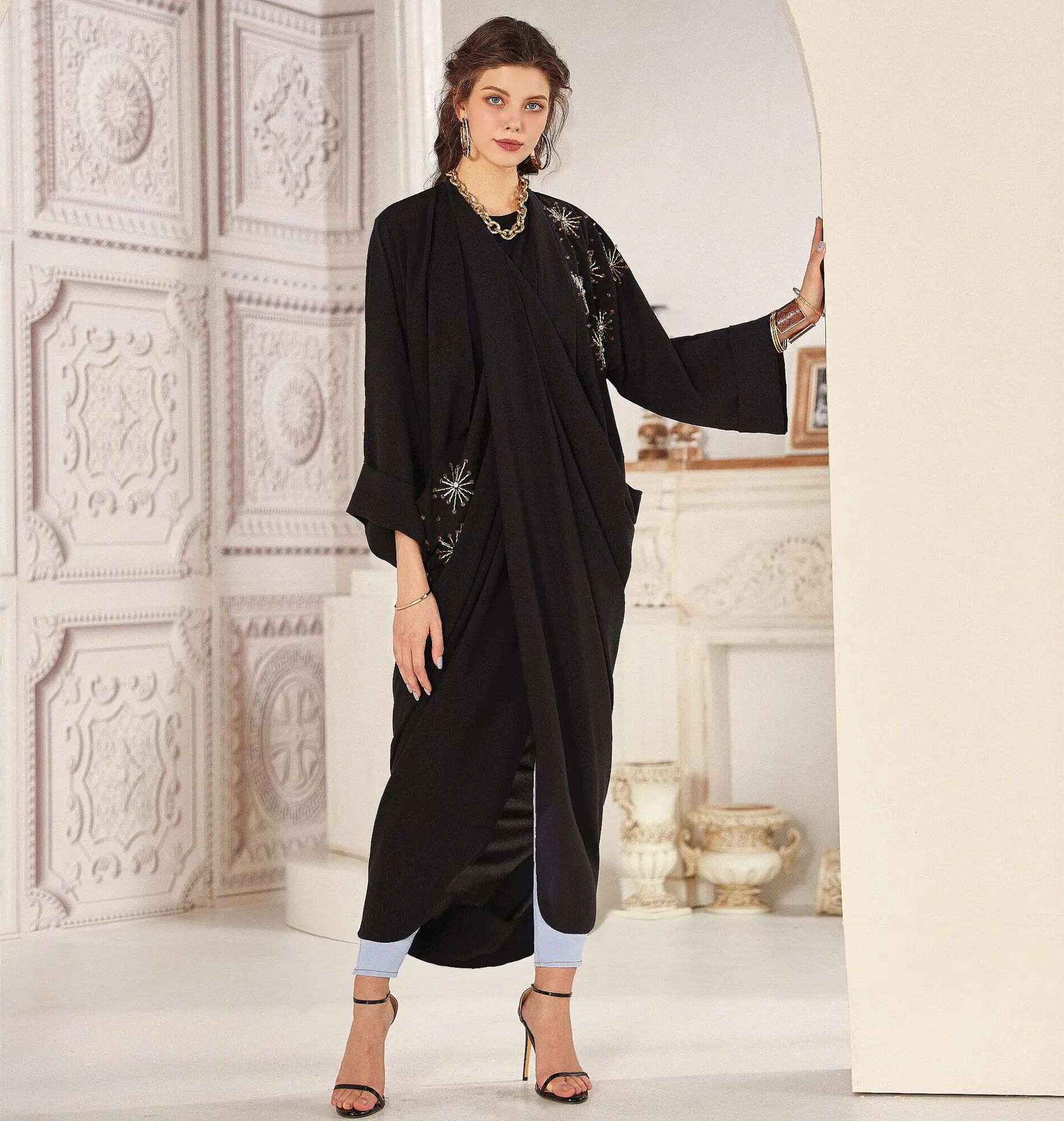 Muslim Dress Women Hand Sewn Bead Tube Jacket Middle East Muslim Fashion Abaya Dubai Abaya Turkey Muslim Long Dresses