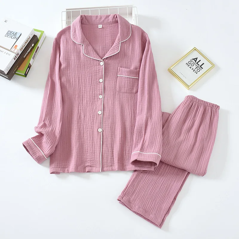 

New Double-layer Crepe Couple Pajamas Suit, Cotton Soft, Breathable, Long-sleeved Simple Japanese Solid Color Men's Home Service