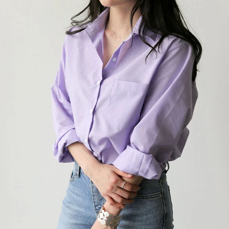 Женские рубашки в полоску офисные топы с отложным воротником и длинным рукавом