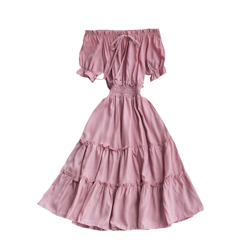 

seaside holiday beach dress agaric edge a word shoulder to shoulder hubble-bubble sleeve dress with short sleeves