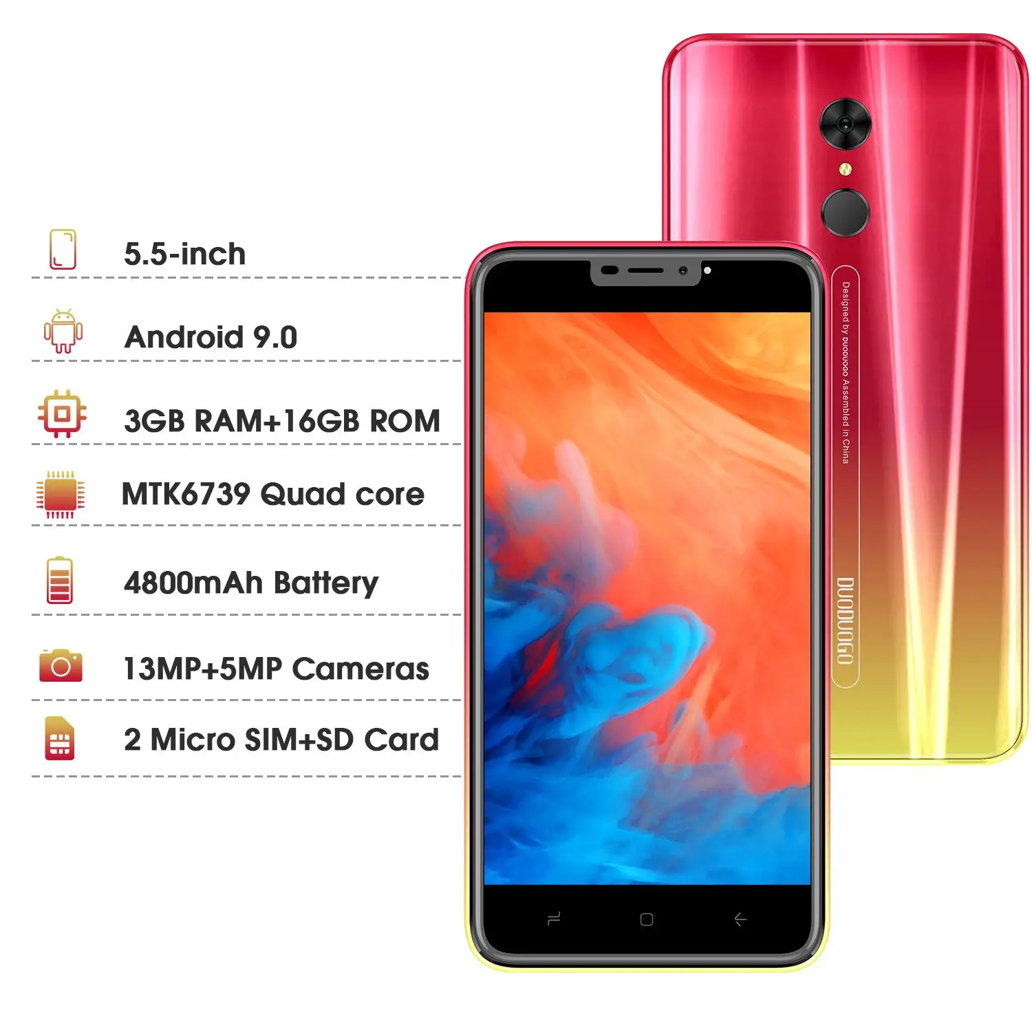 DUODUOGO G55 мобильный телефон Android 9,0 3 ГБ ОЗУ 16 Гб ПЗУ 13MP+ 5MP 5," HD ips 4800mAh отпечаток пальца 4G celular смартфон мобильный телефон
