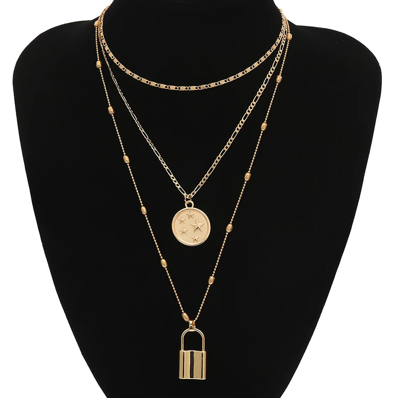 Ожерелье многослойное с подвеской замок женское объемное колье в стиле хип-хоп