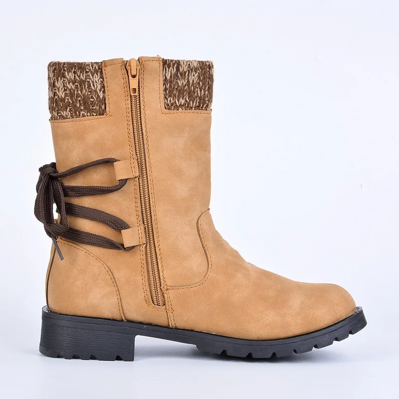 Puimentiua Winter Shoes Women Boots Basic Mid-Calf Boots Round Toe Zip Platform Decor Female Shoes Warm Lace Up Boots Shoes