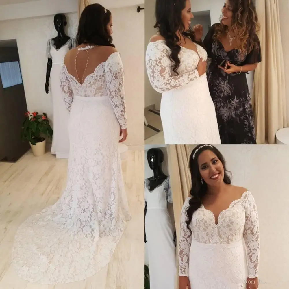 

Boho Vintage Full Lace Wedding Dresses Plus Size V neck Open Back Bohemian Cheap Beach Wedding Gowns With Sleeve For Guests